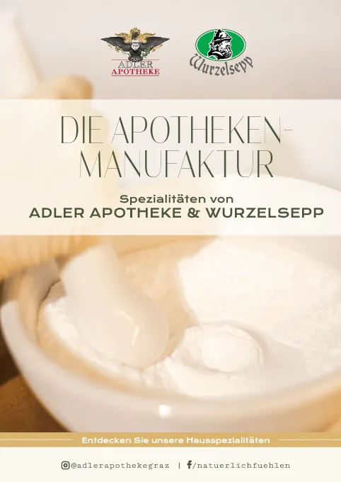 Titelbild des Katalogs „Die Apotheken Manufaktur – Spezialitäten von Adler Apotheke und Wurzelsepp“