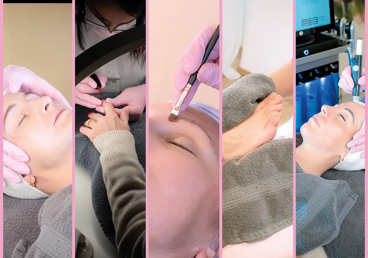 Bildcollage verschiedener Behandlungen: Gesichtsbehandlung, Maniküre, Fußpflege und Hydrafacial