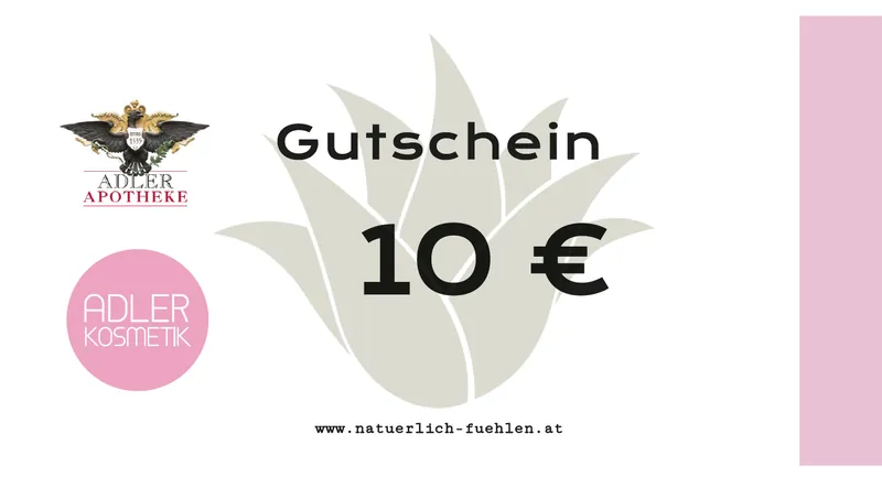 Eine Abbildung mit einem 10 Euro Gutschein unsere Unternehmen mit dem Logo Adler Apotheke und Adler Kosmetik.