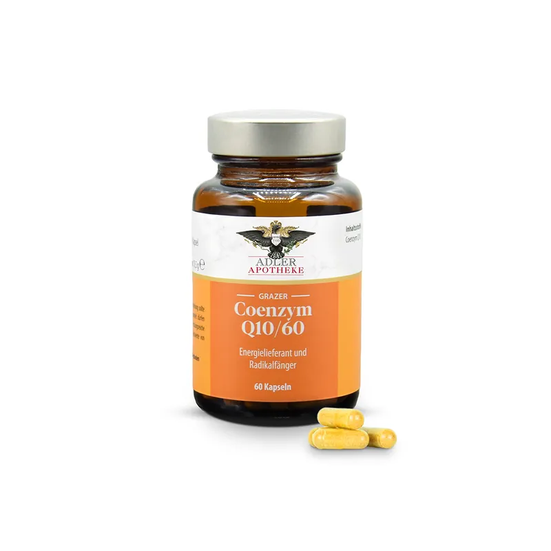 Die Grazer Coenzym Q10 Kapseln in einem braunen Glas.