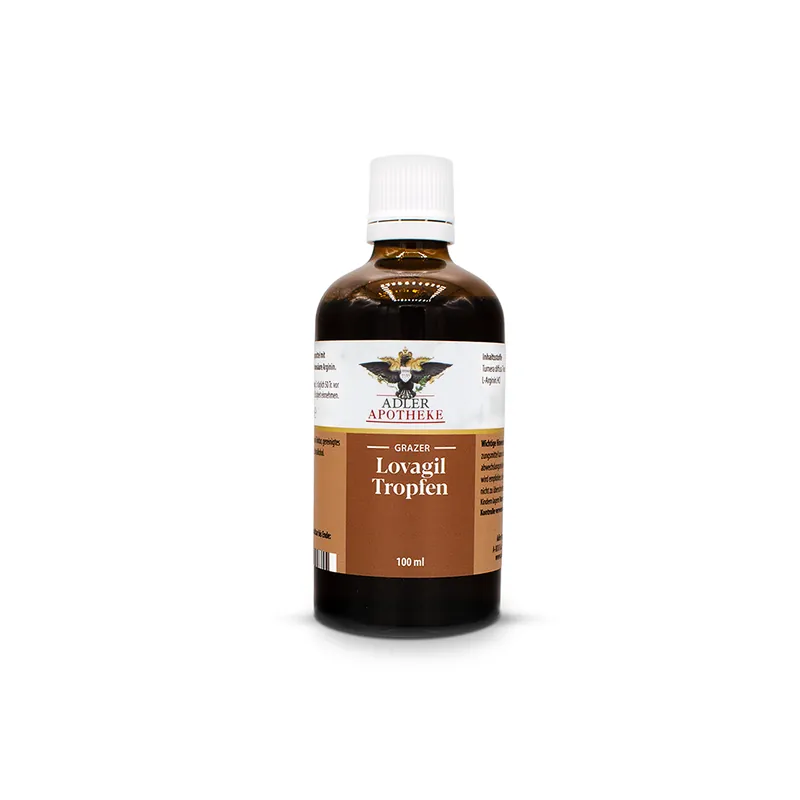 Eine braune Glas Flasche mit weißem Drehverschluss mit braunem Etikett der Grazer Lovagil Tropfen.