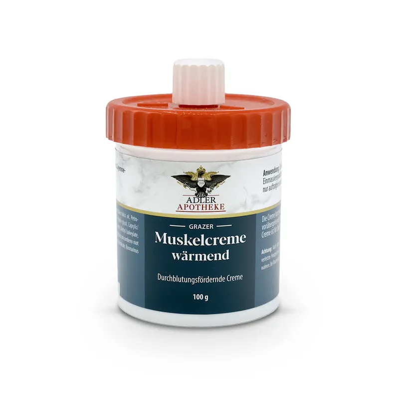 Eine weiße Dose mit rotem Schraubverschluss und blauem Etikett der Grazer Muskelcreme wärmend.