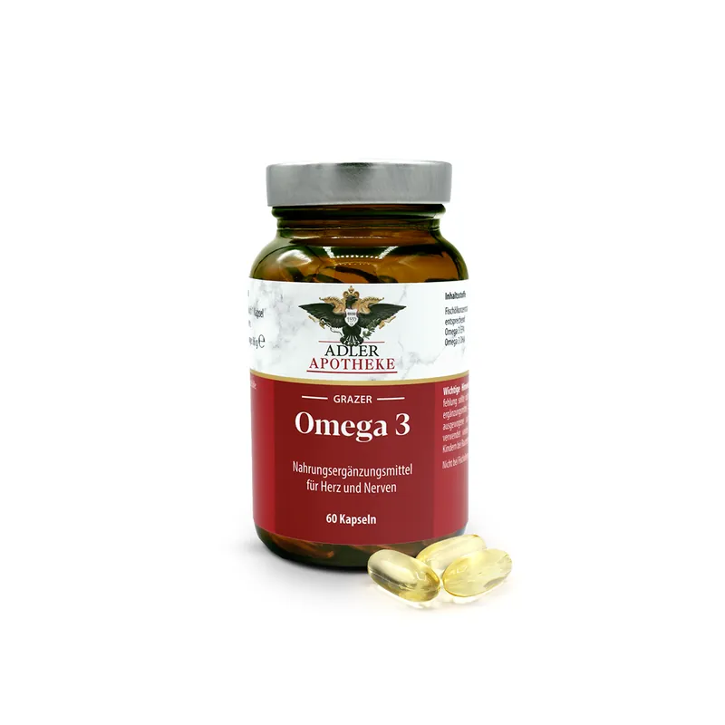 Ein dunkelbraunes Glas mit silbernem Schraubverschluss und rotem Etikett der Grazer Omega 3 Kapseln. Im Vordergrund liegen 4 gelbe Kapseln zur Ansicht.