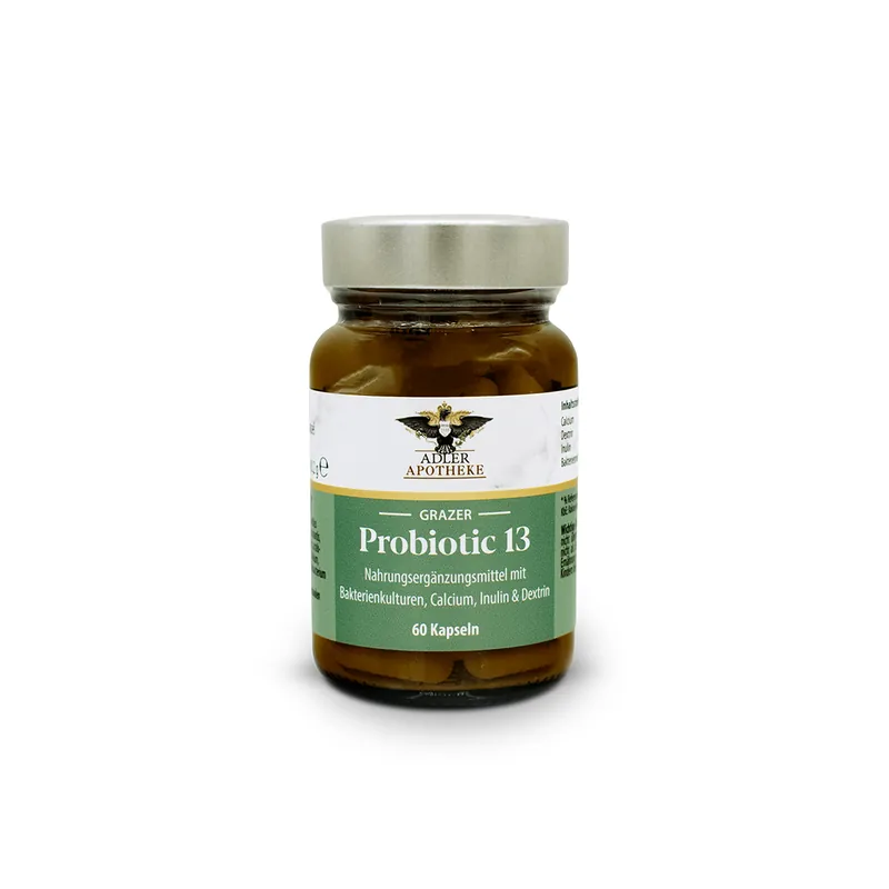 Ein dunkelbraunes Glas mit silbernen Schraubverschluss und grünem Etikett der Grazer Probiotic 13 Kapseln.
