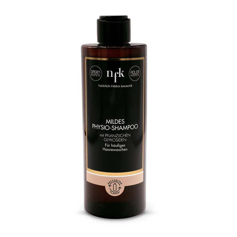 Eine braune Plastik Flasche mit schwarzer Verschlusskappe und hat ein schwarzes Etikett, gold umrandet der Natürlich Fühlen Kosmetik Mildes Physio-Shampoo.