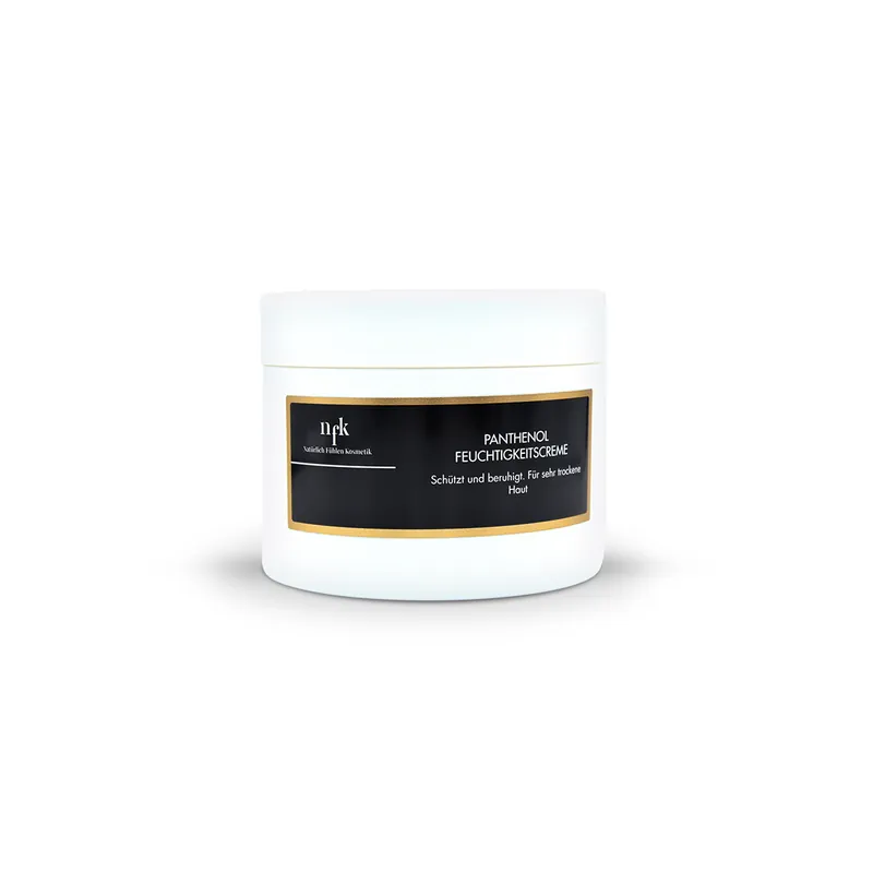 Ein weißer Tiegel mit weißem Schraubverschluss und schwarzem Etikett Gold umrandet der Natürlich Fühlen Kosmetik Panthenol Feuchtigkeitscreme.