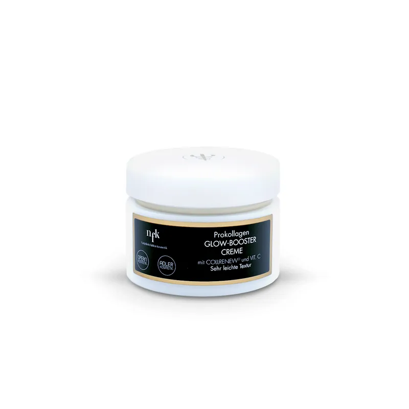 Ein weißer Tiegel mit weißem Schraubverschluss und schwarzem Etikett, gold umrandet der Natürlich Fühlen Kosmetik Prokollagen Glow-Booster Creme.