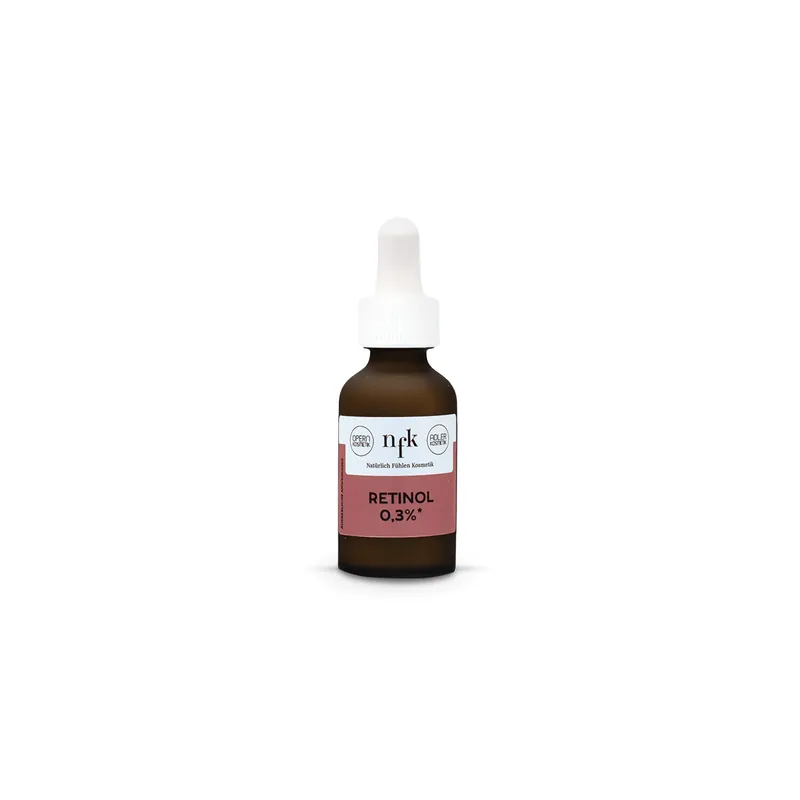 Eine braune Glas Flasche mit weißem Drehverschluss und Pipette mit dunkelrotem Etikett der Natürlich Fühlen Kosmetik Retinol 0,3%.
