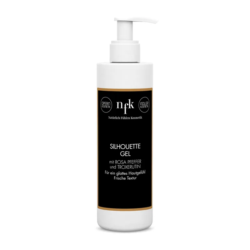 Eine weiße Plastik Flasche mit weißem Spender zum drücken und schwarzem Etikett, Gold umran-det der Natürlich Fühlen Kosmetik Silhouette Gel.
