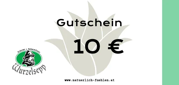 Ein Bild unseres Wurzelsepp 10 Euro Gutscheines. Links davon das Wurzelsepplogo.