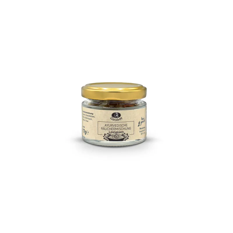 Glas mit goldenem Deckel und beigen Etikett mit schwarzer Schrift.