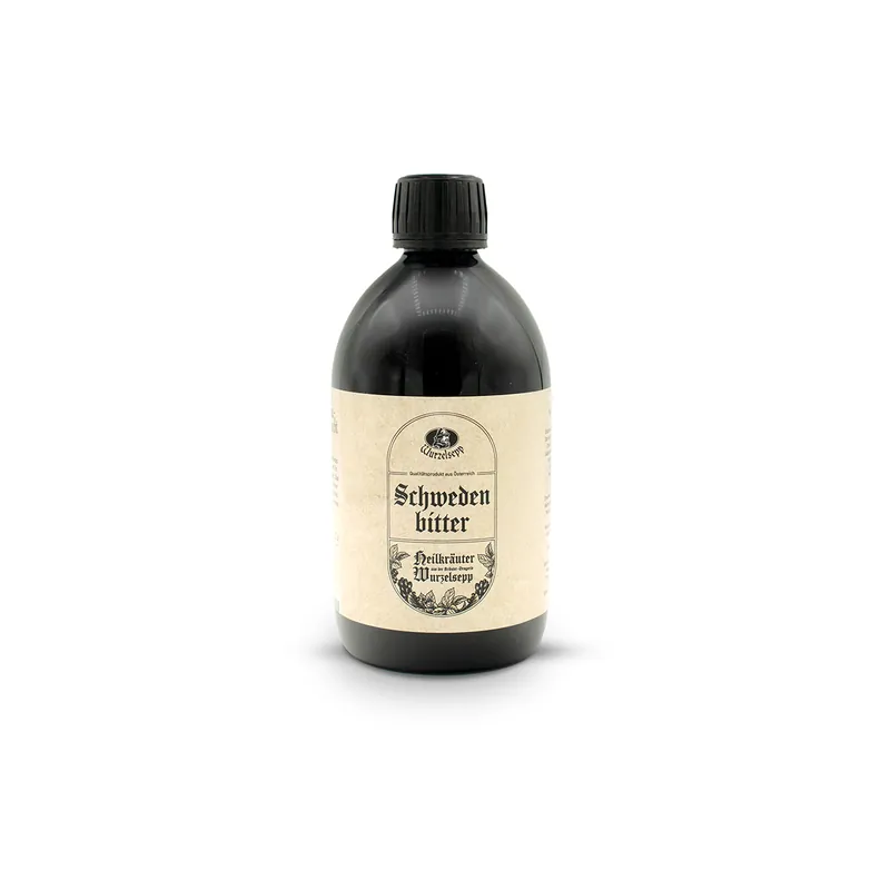 Wurzelsepp Schwedenbitter bei Völlegefühl und Blähungen in der 500 ml Kunststoff-Verpackung.