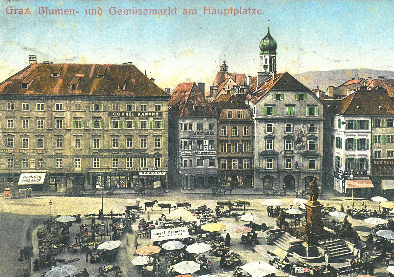 Historische Postkarte des Blumen- und Gemüsemarkts am Grazer Hauptplatz mit der Adler Apotheke