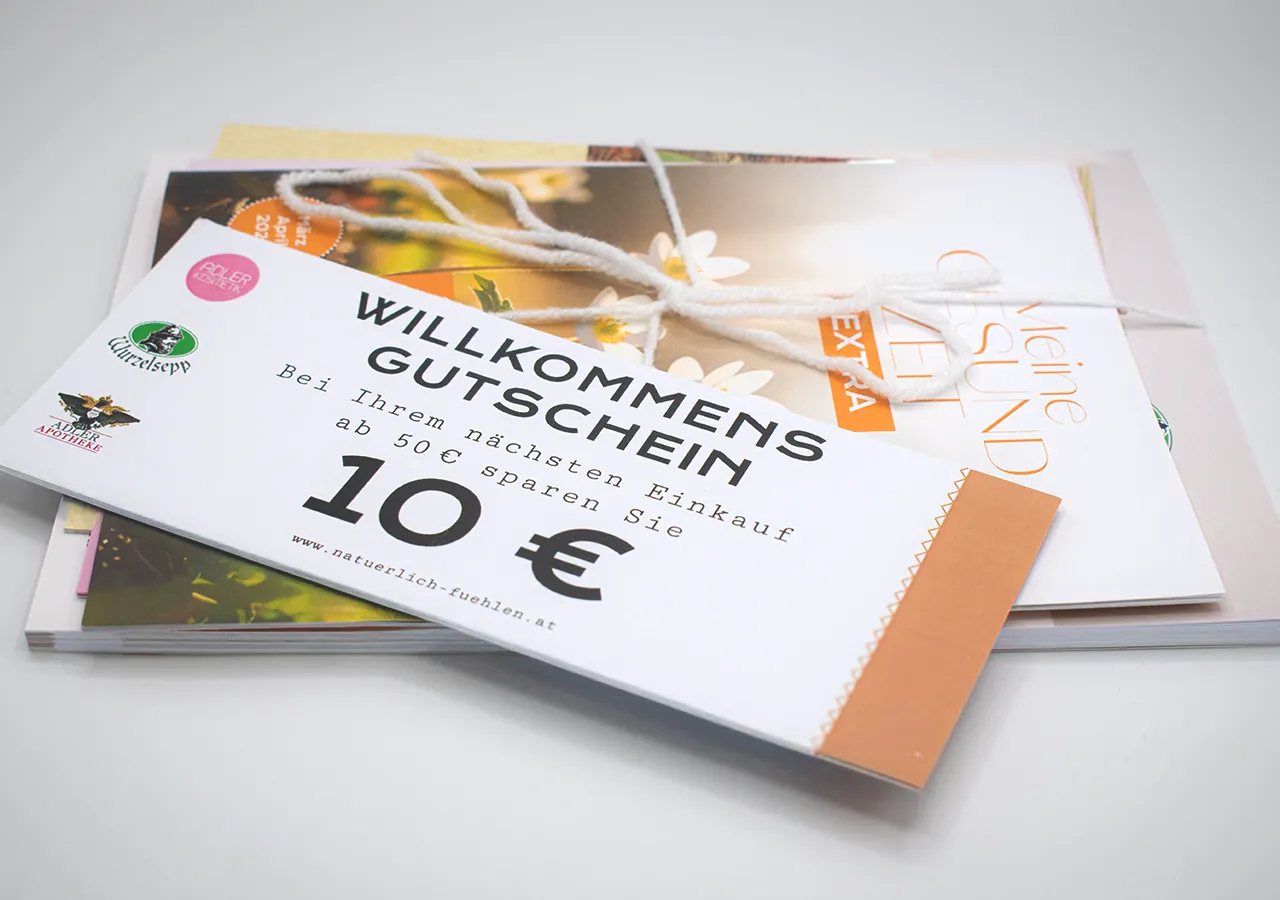 Willkommens-Gutschein über 10 Euro mit den Logos von Adler Kosmetik, Wurzelsepp und Adler Apotheke