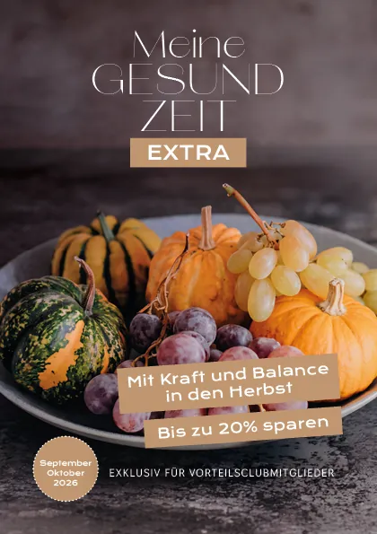 Titelseite des Vorteilshefts „Meine Gesund Zeit Extra“ September/Oktober 2026 mit Kürbissen und Weintrauben
